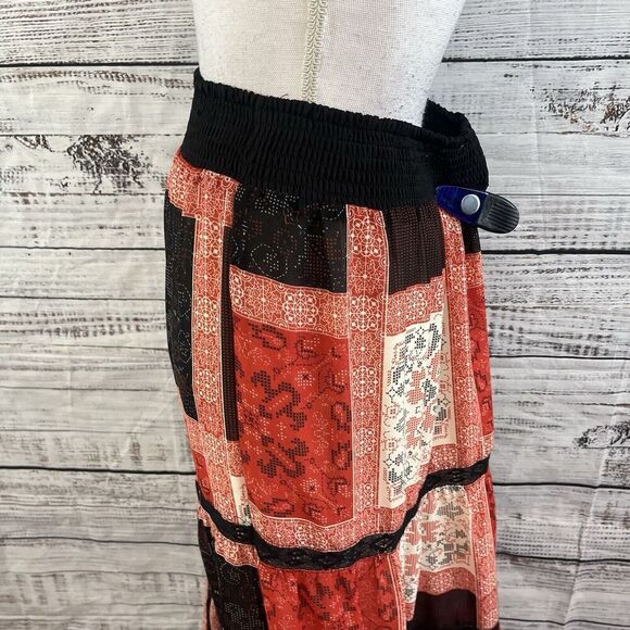 Langer Skirt sz Medium Dark Red Black Tiered Boho Lace Long Maxi Peasant Modest - Picture 10 of 14